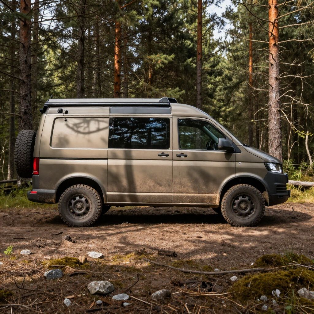 Terreinwagen in een bos, olijfgroen met een reserveband achterop.