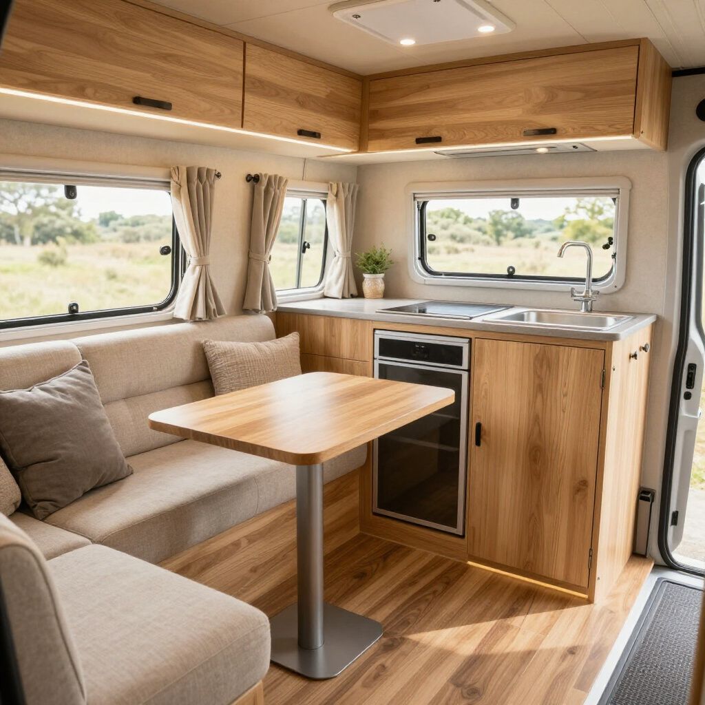 Interieur van een camper met houten kastjes, beige zitmeubels, een tafel en een raam met uitzicht op groen.