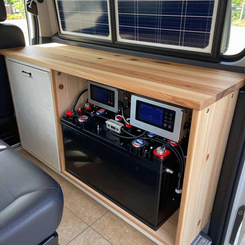 Een busje met een interieur voorzien van zonnepanelen, een houten aanrechtblad, accu's en bedieningspanelen.