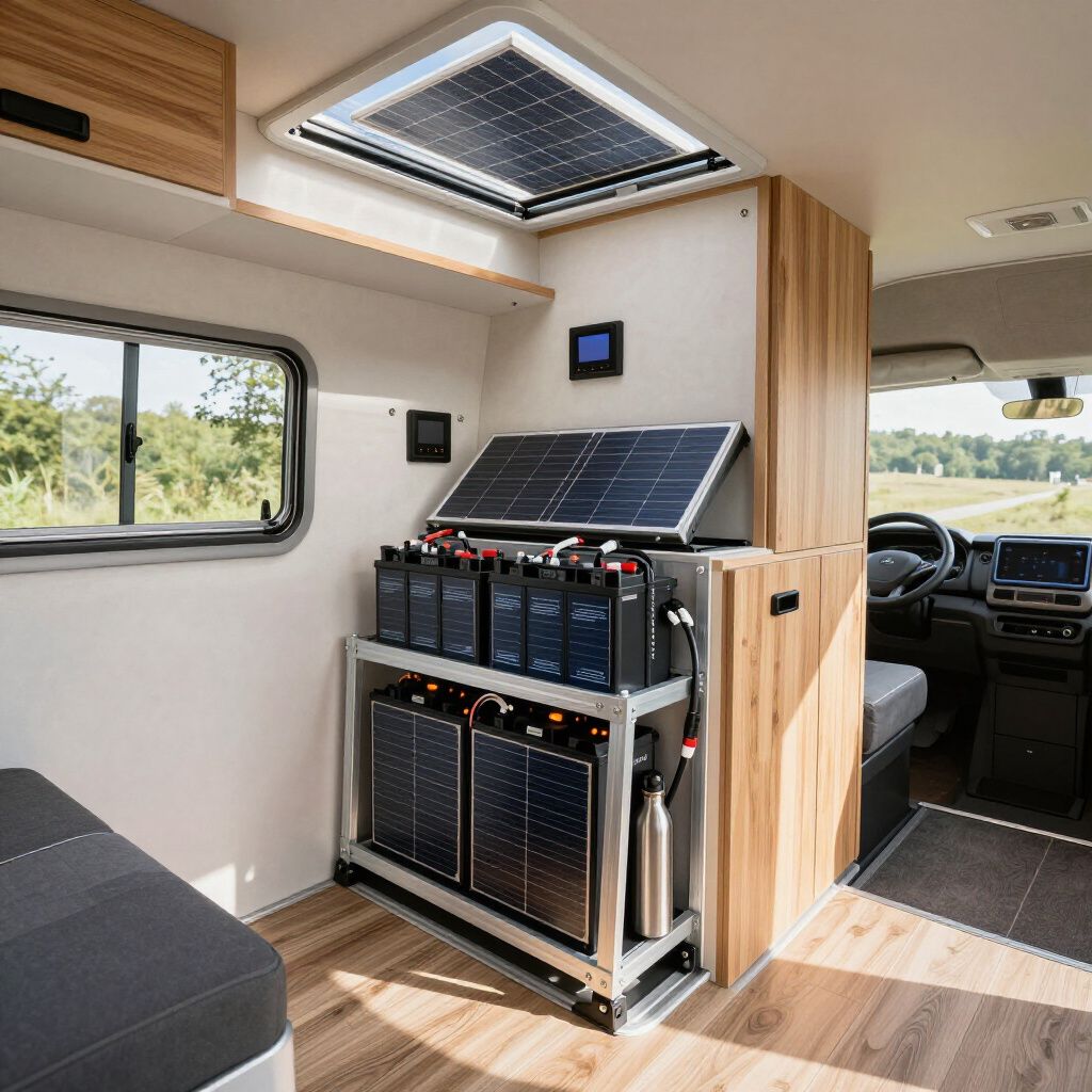 Interieur van een camper met zonnepanelen, accu's en een bedieningspaneel.