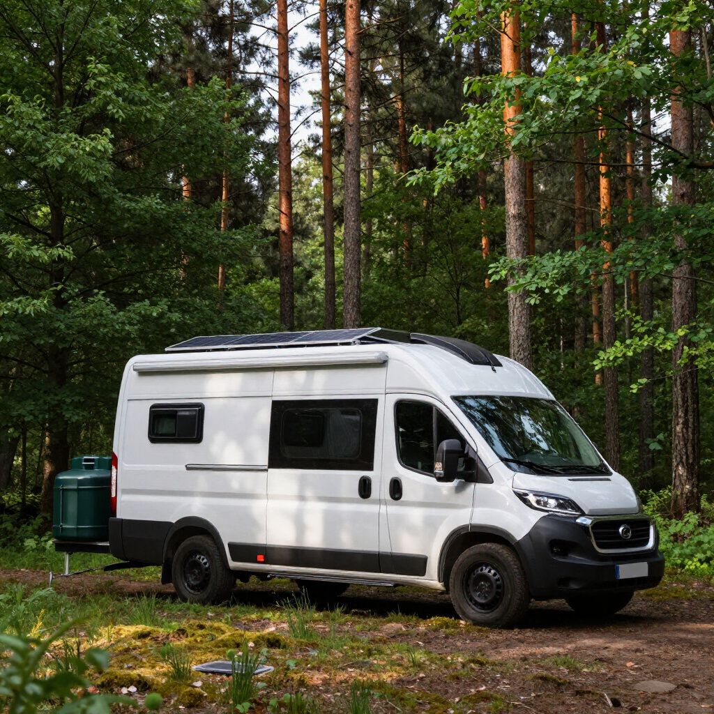 Witte camperbus geparkeerd in een bos, met zonnepanelen op het dak en een groene watertank eraan bevestigd.