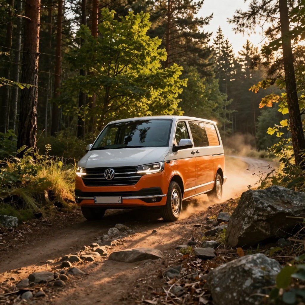 Een oranje en witte Volkswagenbus rijdt over een onverharde weg door een zonovergoten bos.