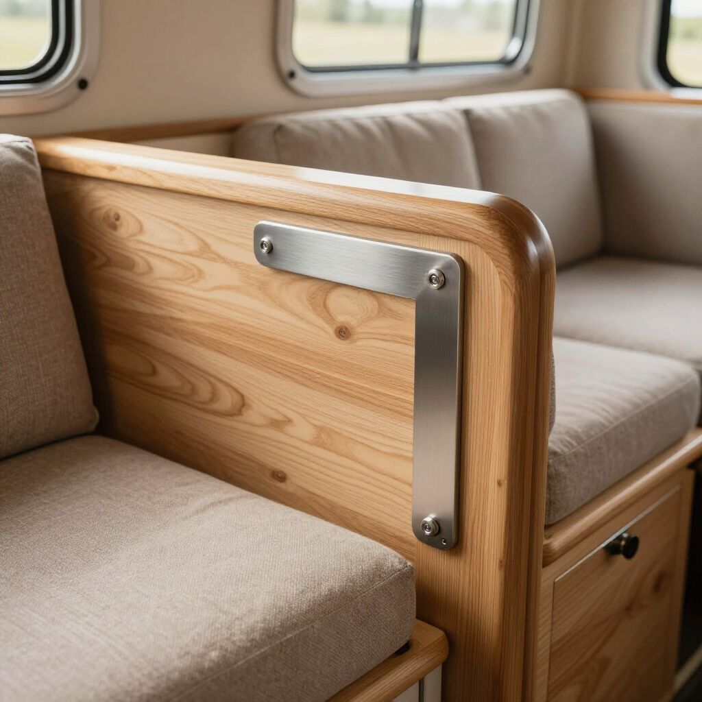 Houten zitbanken met beige kussens in een licht interieur. In de hoek is een metalen beugel te zien.