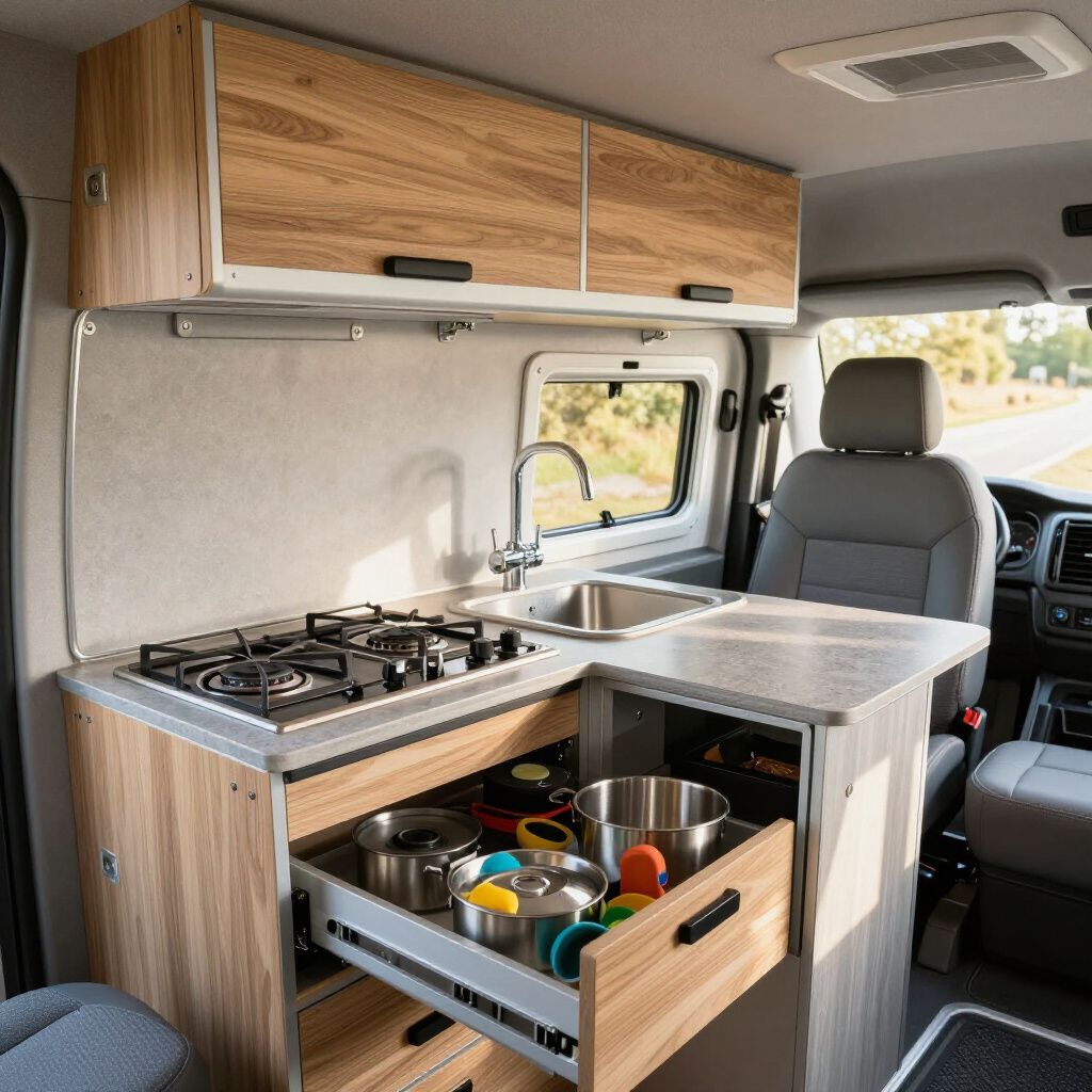 Interieur van de bestelwagen met keuken: fornuis, gootsteen, kastjes, open lade met kookgerei, een tafel en bestuurdersstoel.