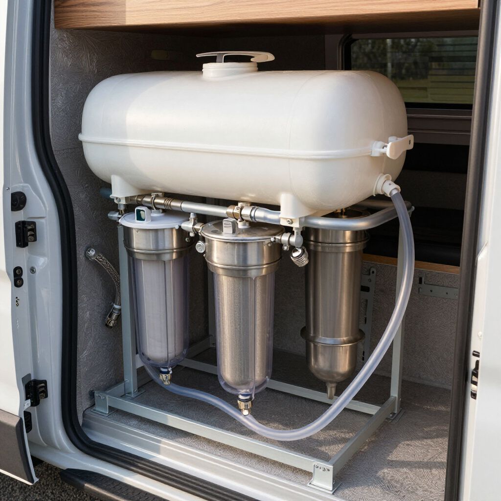 Een watertank voor wit water en drie filters, gemonteerd op een metalen frame, bevinden zich in een bestelwagen.