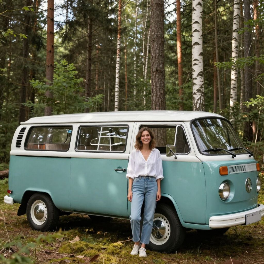 Een vrouw in spijkerbroek en witte blouse staat naast een turquoise en witte VW-bus in een bos.
