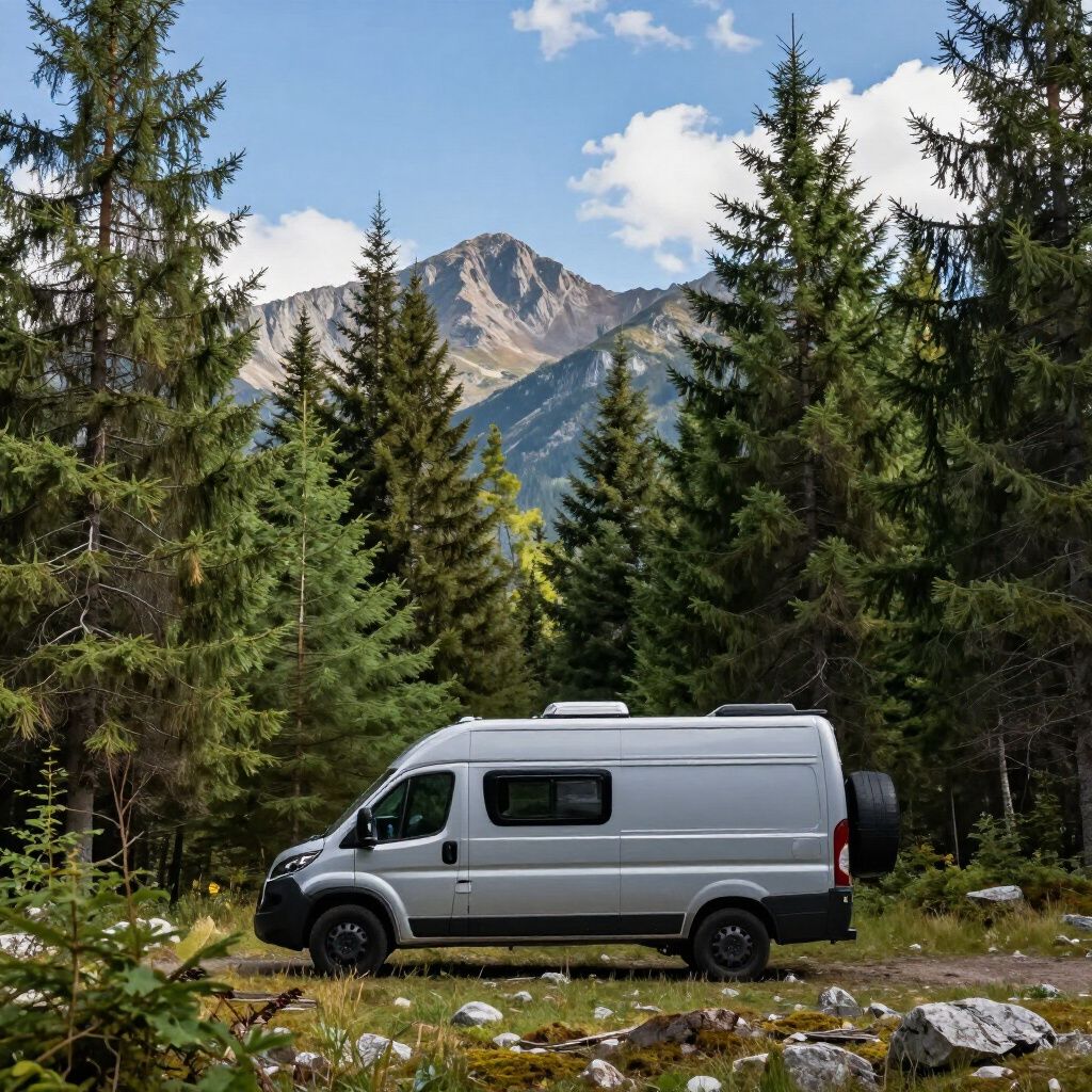 Zilverkleurige camper geparkeerd in het bos, met een berg op de achtergrond.