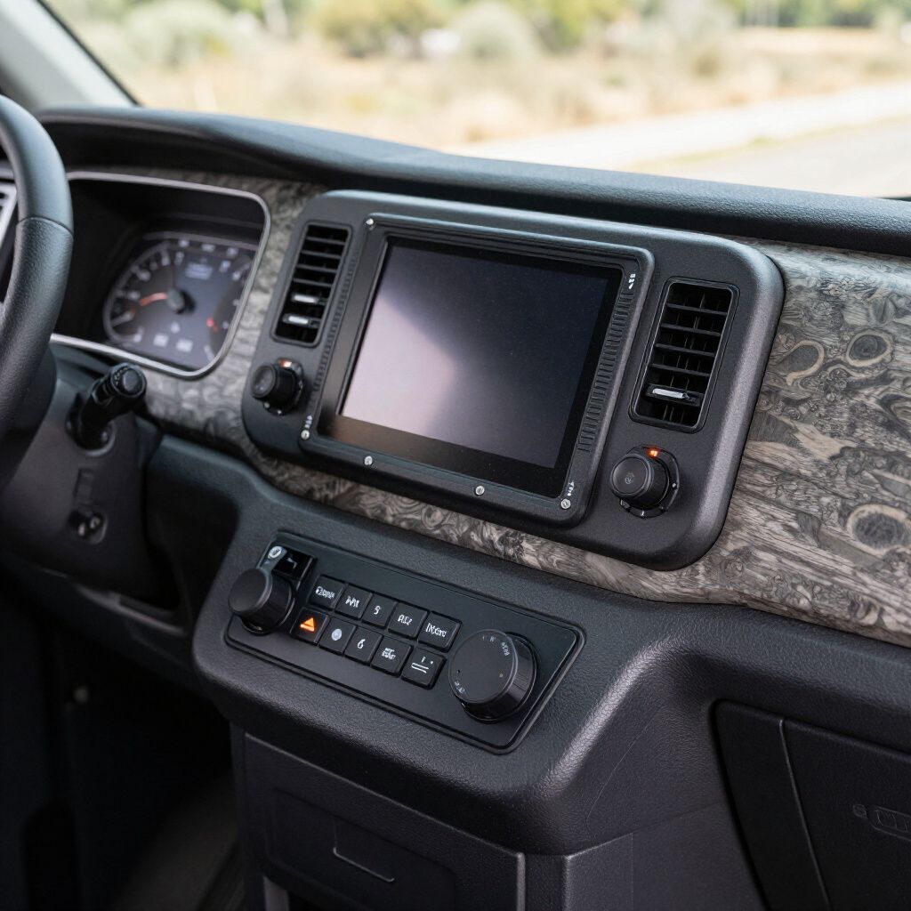 Het dashboard van een voertuig met een centraal touchscreen, ventilatieopeningen en panelen met een patroon.