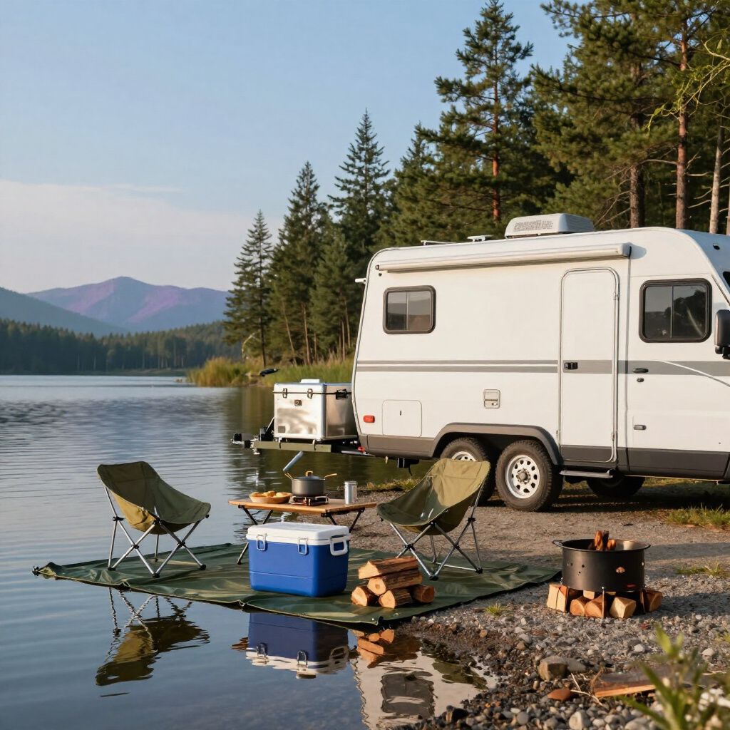 Camperplaats aan een meer met stoelen, tafel en kampvuur.