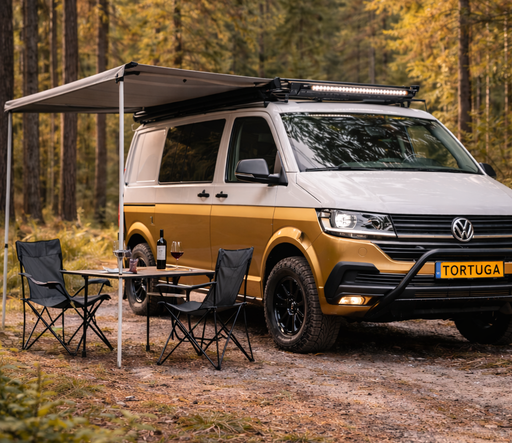 Een camper staat geparkeerd in een bos met de luifel uitgeschoven, tafel, stoelen en wijn.