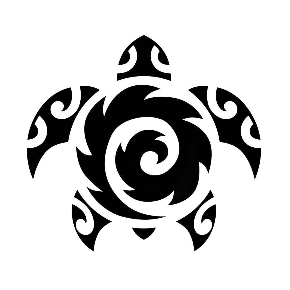 Zwarte tribale tattoo van een zeeschildpad met een spiraalvormig middenstuk en gebogen patronen.