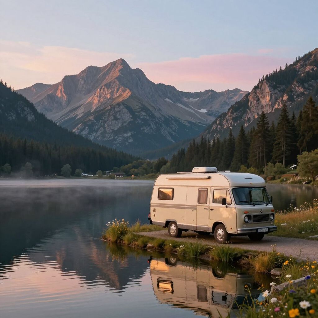 Camper geparkeerd aan het meer, met bergen op de achtergrond die bij zonsopgang in het kalme water weerspiegelen.