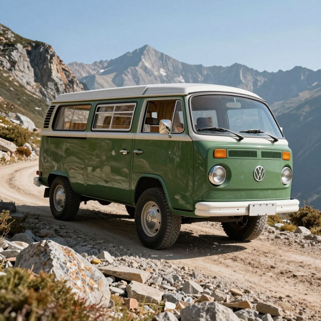 Groen-witte Volkswagenbus op een onverharde weg in de bergen.