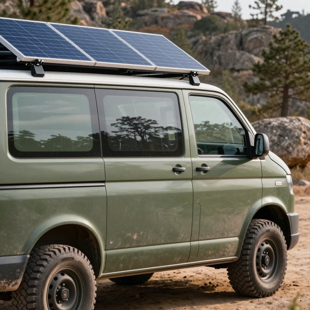 Groene bestelwagen met zonnepanelen op het dak, geparkeerd op een onverharde weg in een natuurlijke omgeving.
