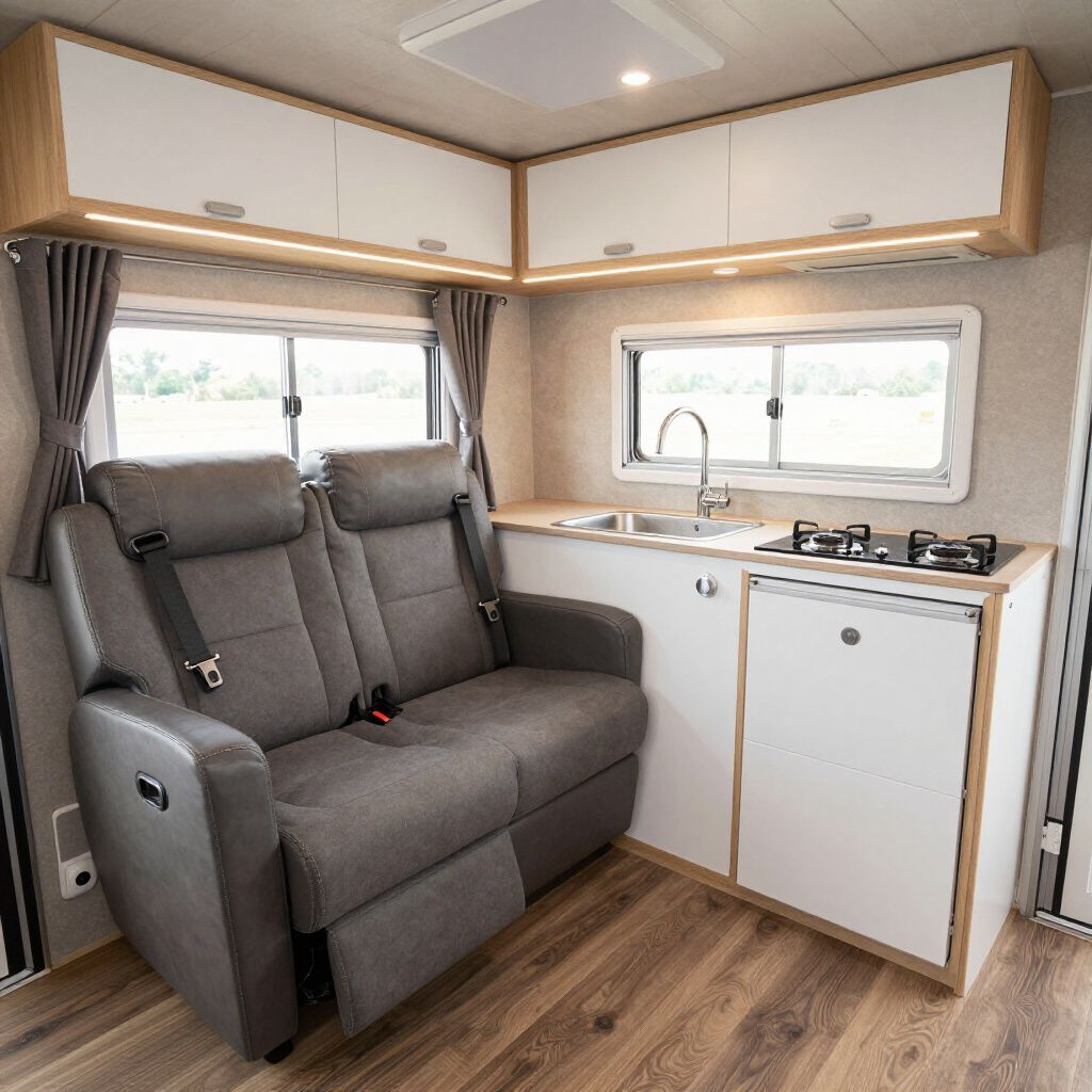 Interieur van een kleine camper, inclusief een tweepersoons relaxbank, keuken met fornuis en spoelbak, en bovenkastjes.