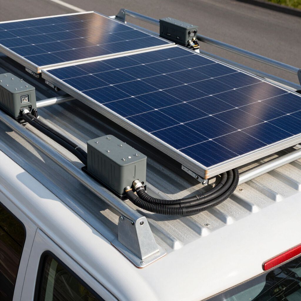 Zonnepanelen gemonteerd op het dak van een witte bestelwagen, met zwarte bedrading en grijze dozen.