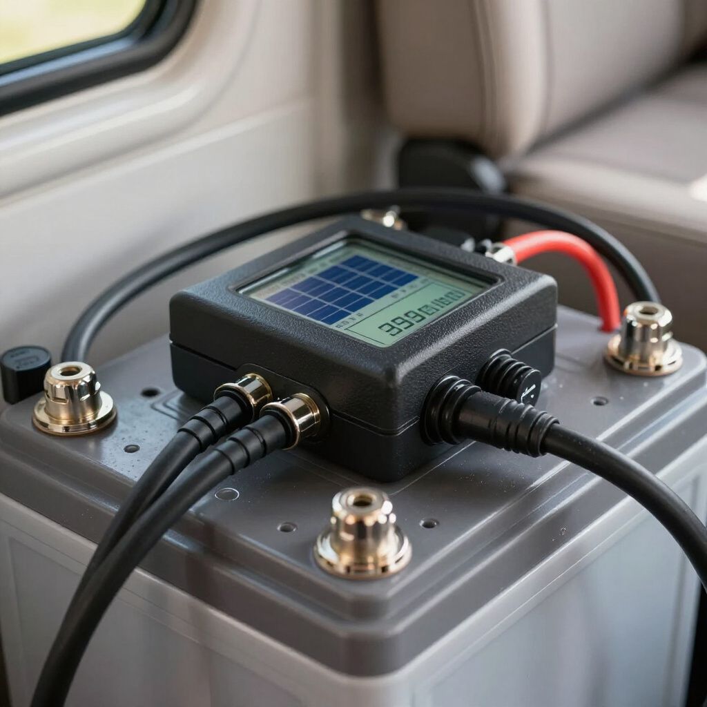 Zwart elektronisch apparaat met zonnepaneel bovenop een grijze accu, verbonden door zwarte en rode kabels, in een voertuig.