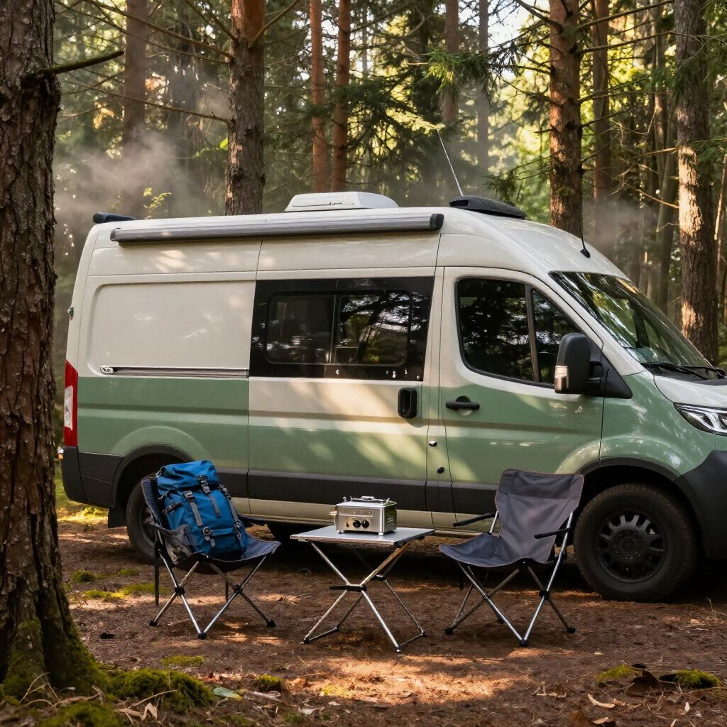 Een camperbusje geparkeerd in een bos, met campingstoelen, een tafel en een rugzak buiten opgesteld.