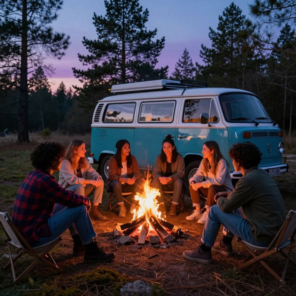 Een groep mensen zit rond een kampvuur naast een blauwe bestelwagen in een bos, in de schemering.