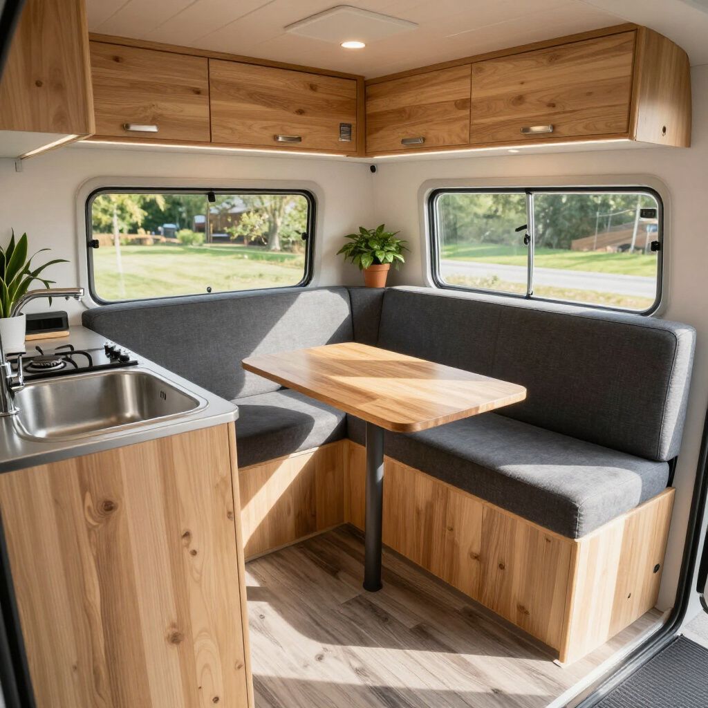 Gezellig camperinterieur met houten kasten en vloer, grijze zitmeubels en een klein tafeltje.