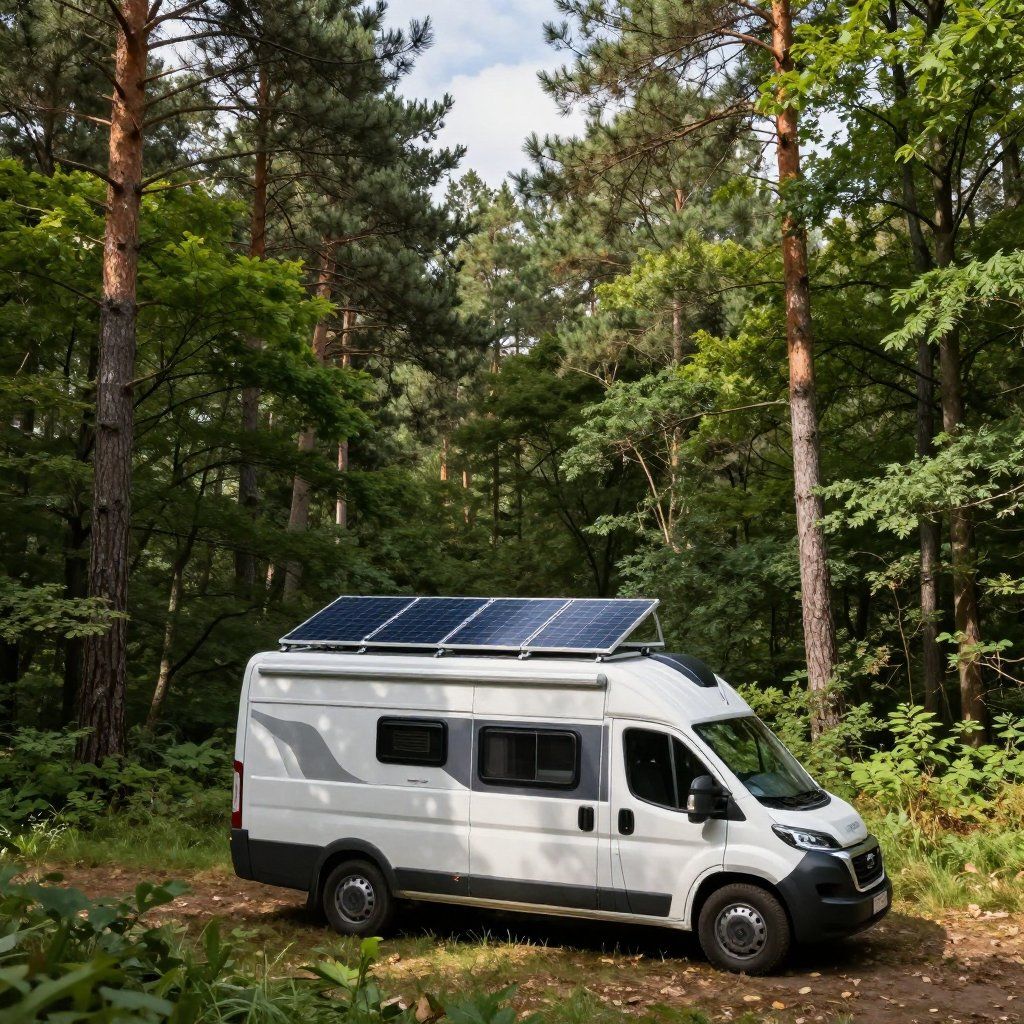 Witte camper met zonnepanelen op het dak, geparkeerd in een bos, omgeven door hoge bomen en groen.