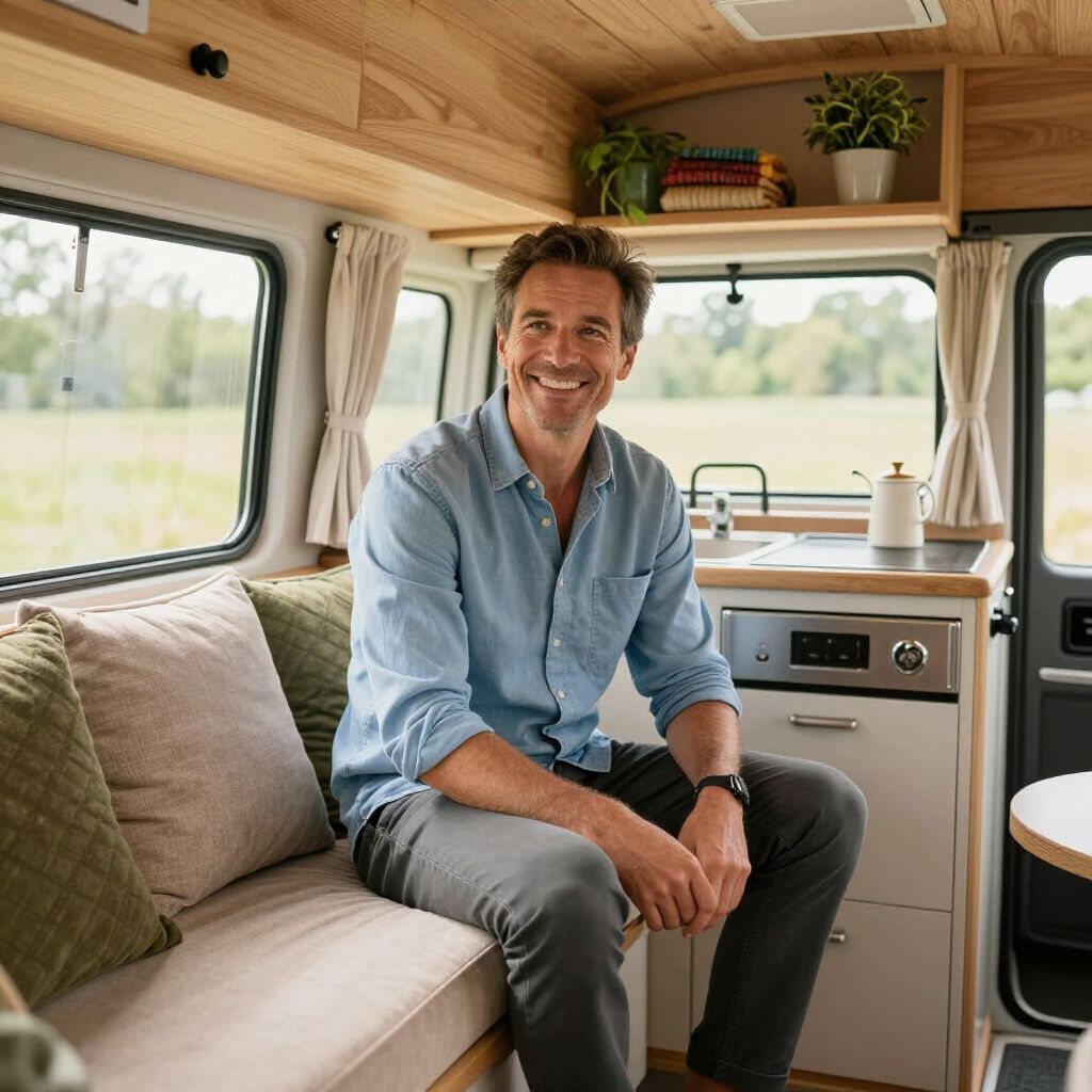 Een man zit glimlachend in een camper. Het interieur is van licht hout, met ramen die uitzicht bieden op de buitenwereld.