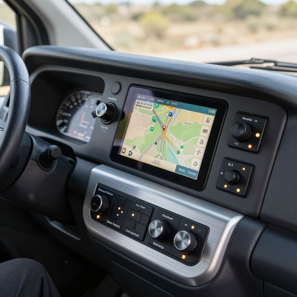 Het dashboard van een voertuig met een centraal navigatiescherm en diverse draaiknoppen.