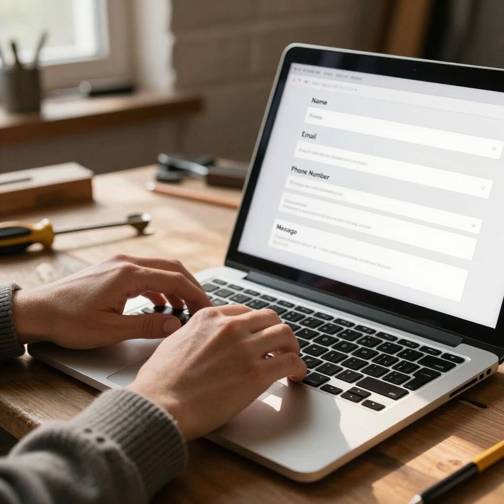 Een persoon typt op een laptop en vult een online formulier in aan een houten bureau.