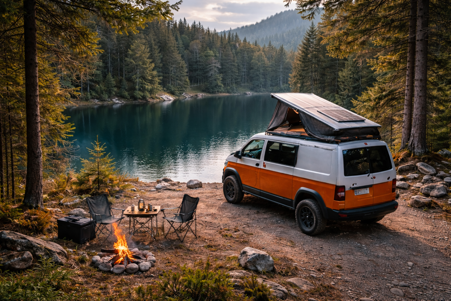Een camper staat geparkeerd aan een rustig meer, omgeven door bomen; een zonnige dag.