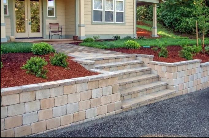 A brick wall with stairs leading up to a house