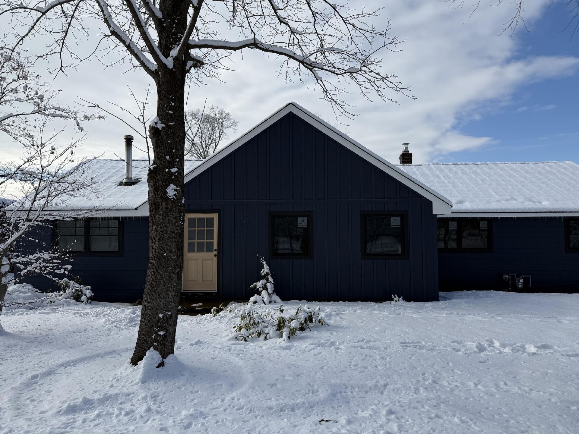 Snow-covered blue house with a bare tree in the foreground. Snowy yard and sky.