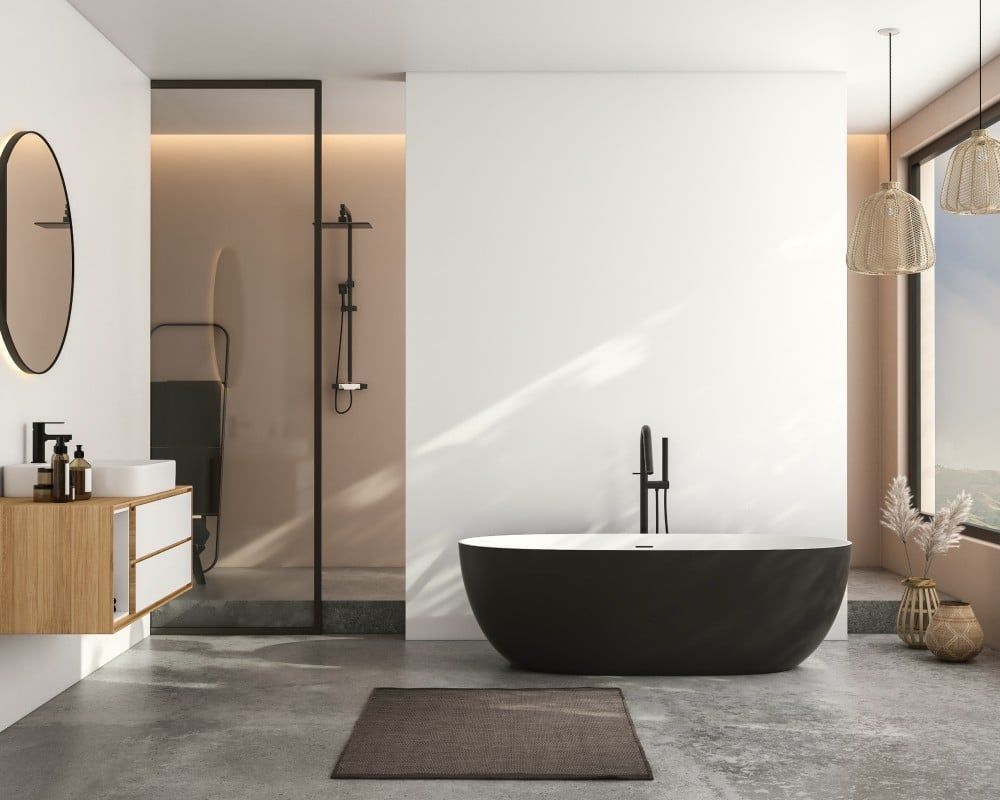 Modern bathroom with black soaking tub, neutral walls, and large window.