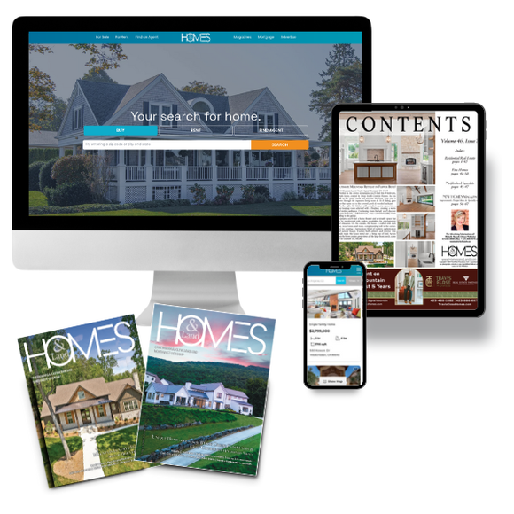 Various home search media: computer, tablet, phone, and print magazines, each displaying real estate content.