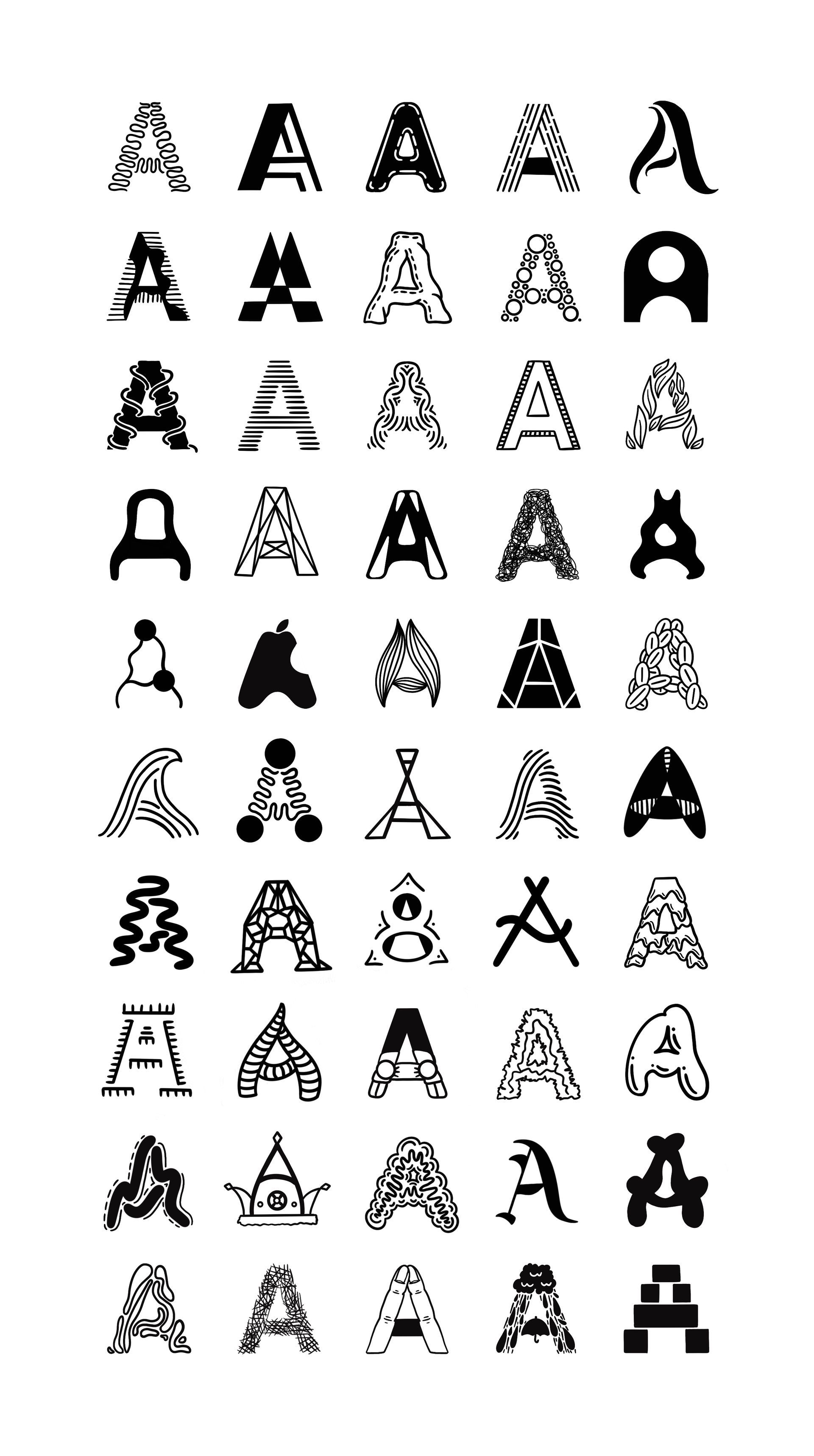A spread of custom hand lettered Bs from the Killer Alphabet