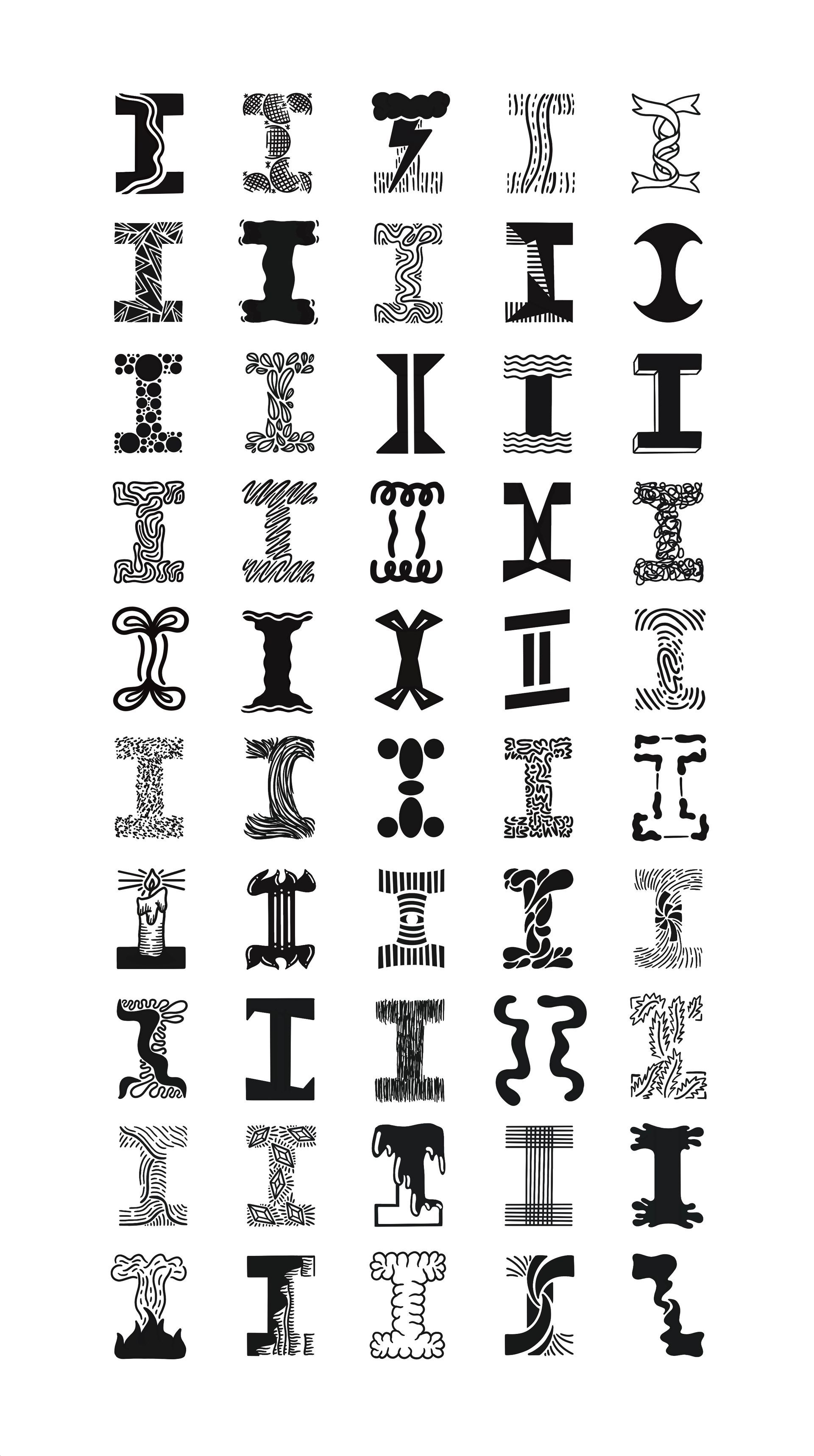 A spread of custom hand lettered Ns from the Killer Alphabet