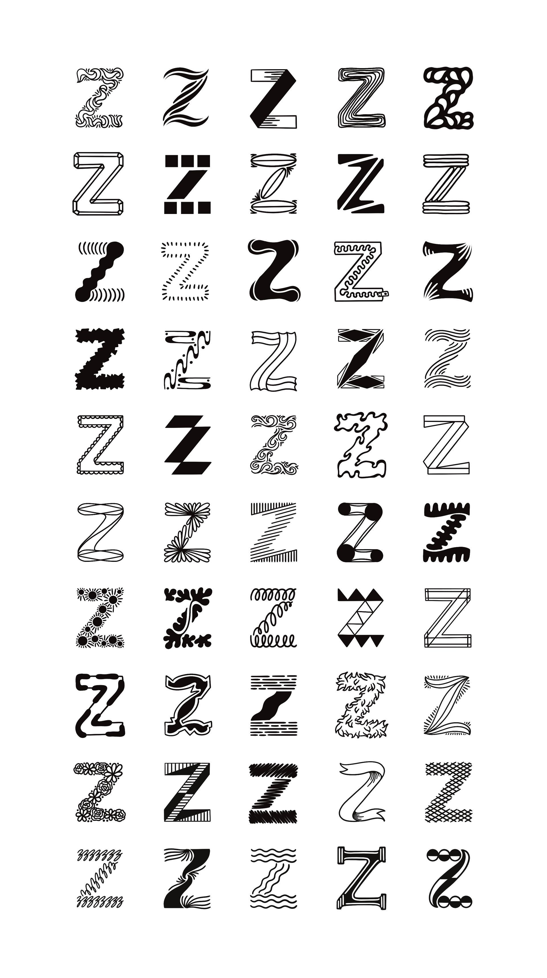 A spread of custom hand lettered Qs from the Killer Alphabet
