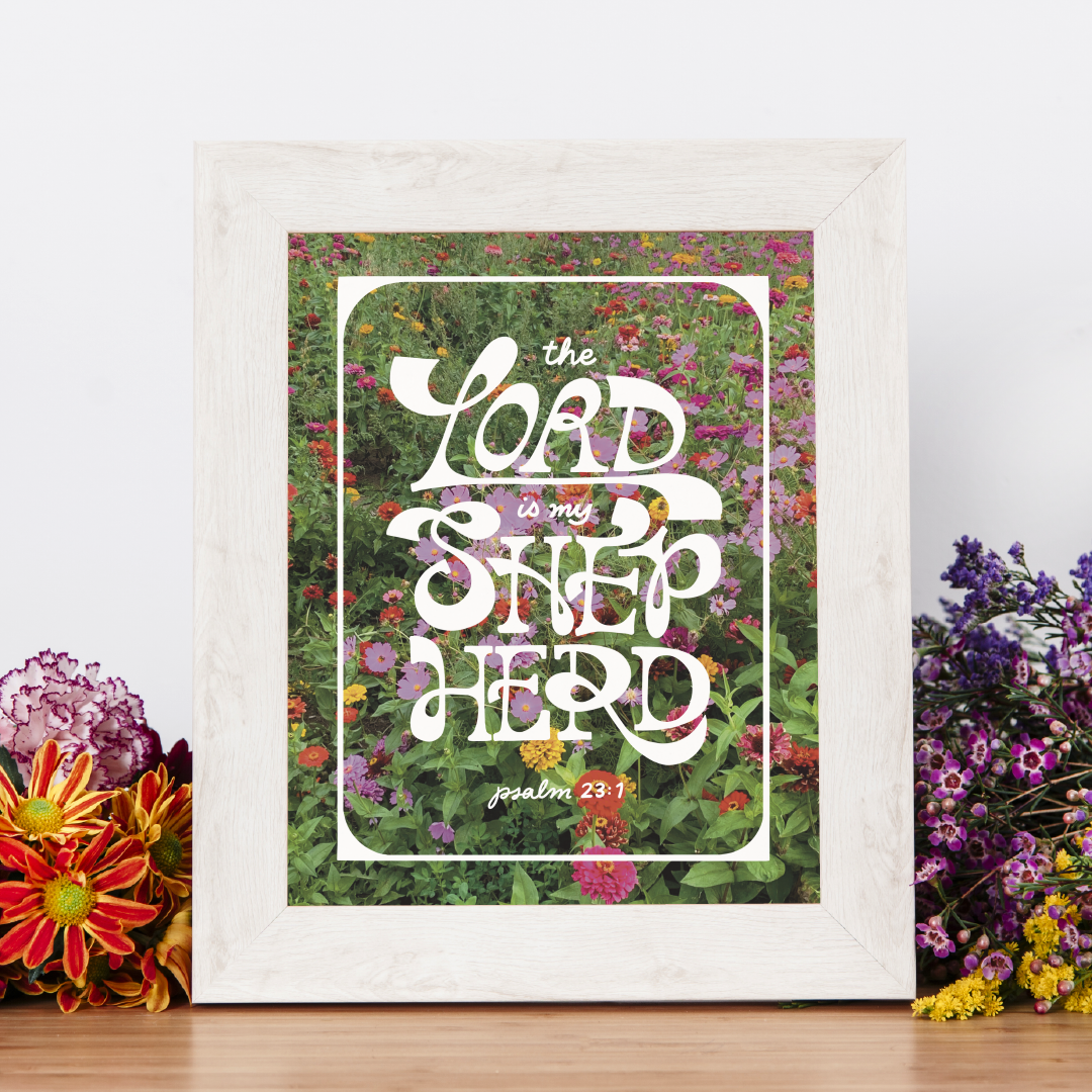 A stylized hand lettering piece of psalm 23: the Lord is my shepherd.
