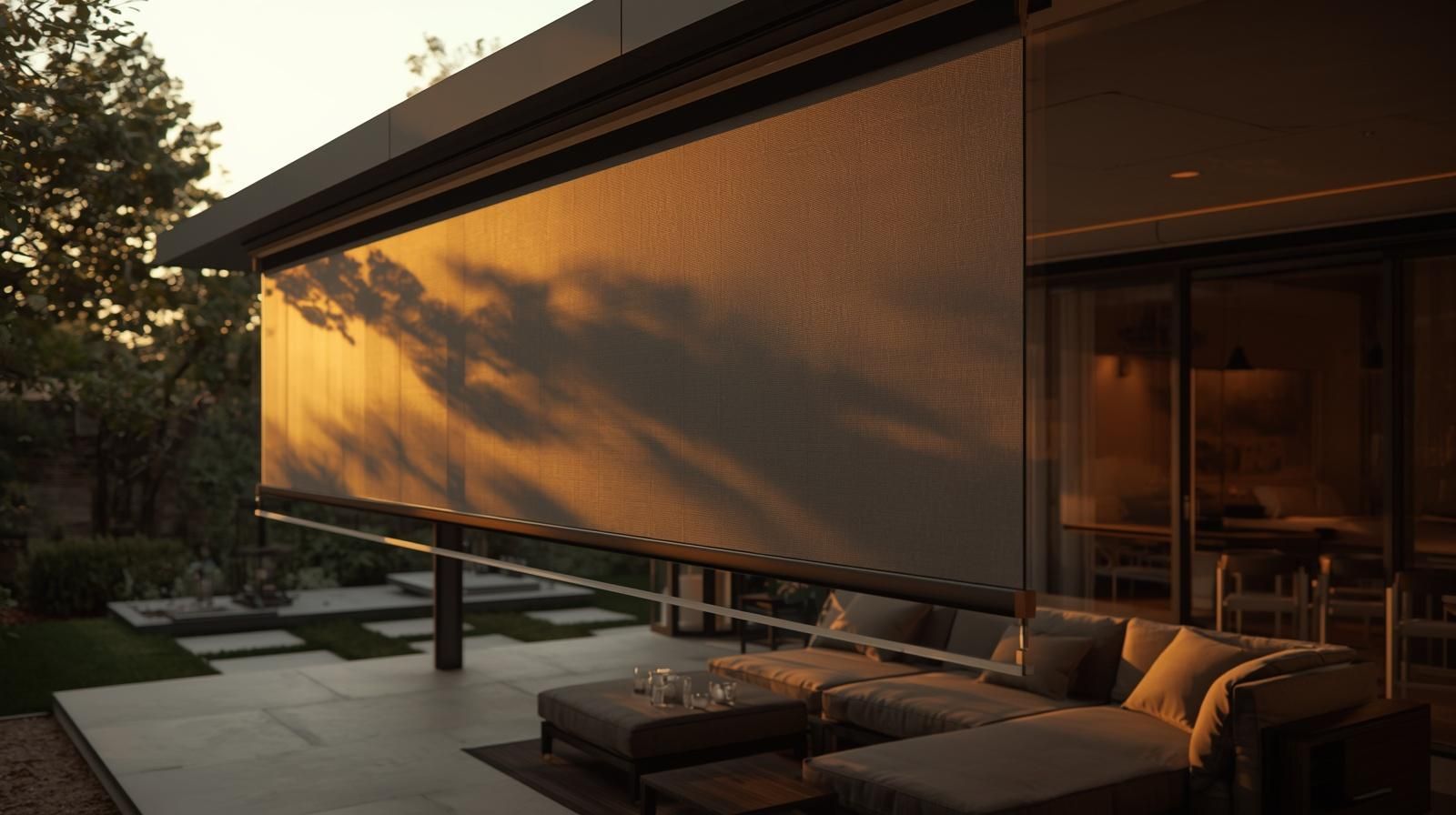 A golden sunset casts tree shadows on a large, modern outdoor privacy screen on a patio with minimalist lounge furniture.
