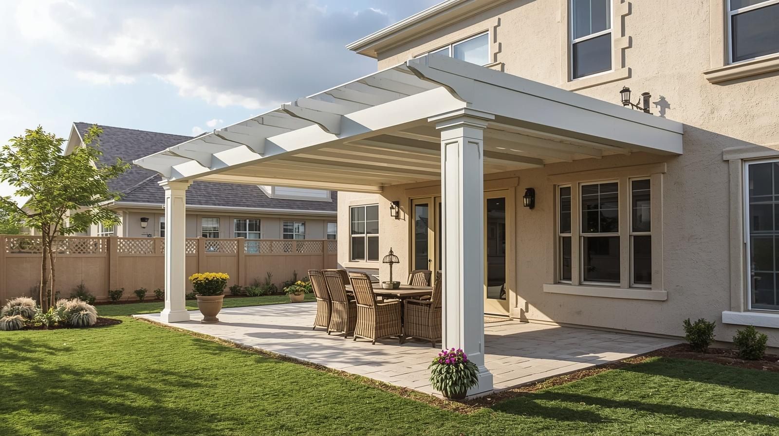 A white pergola over a stone patio with outdoor dining furniture against a tan two-story house.