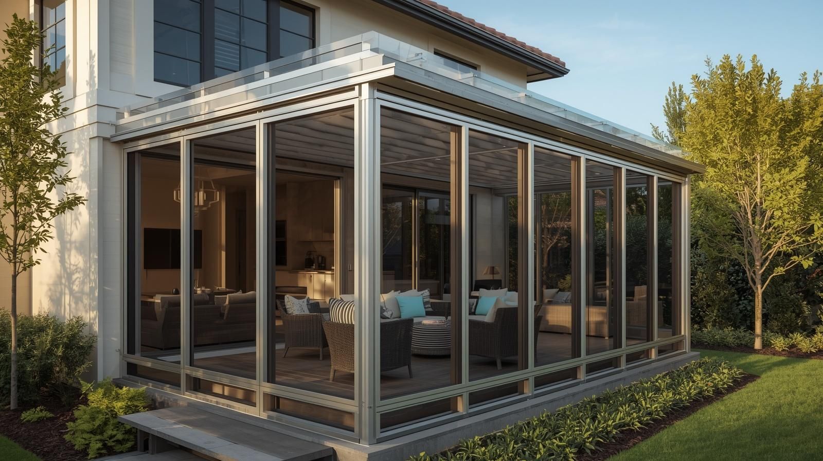 A modern sunroom with a metallic frame and glass walls extends from a house, furnished with outdoor seating and plants.