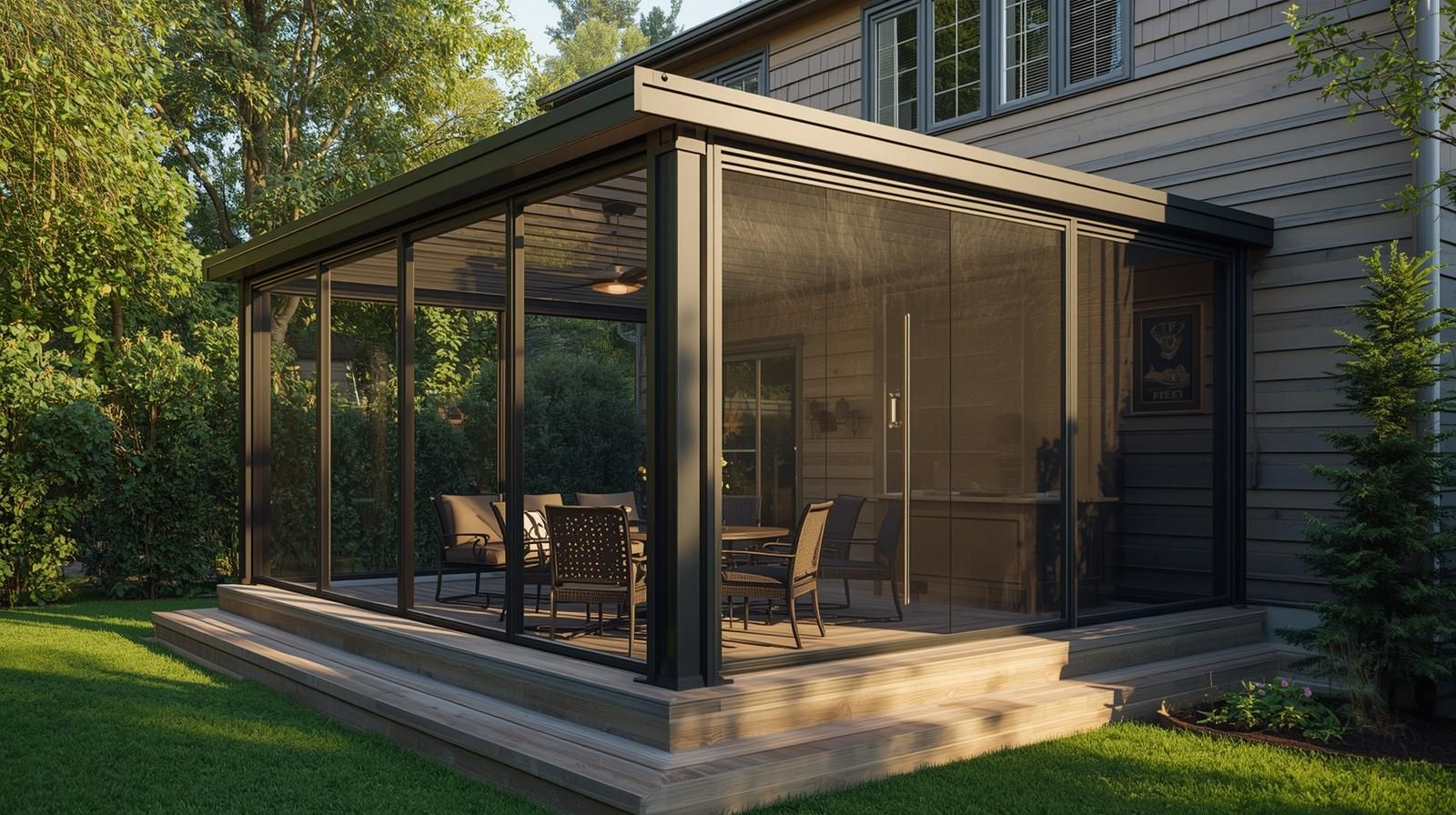 A black-framed screened-in porch attached to the side of a house, featuring patio furniture and stone steps.