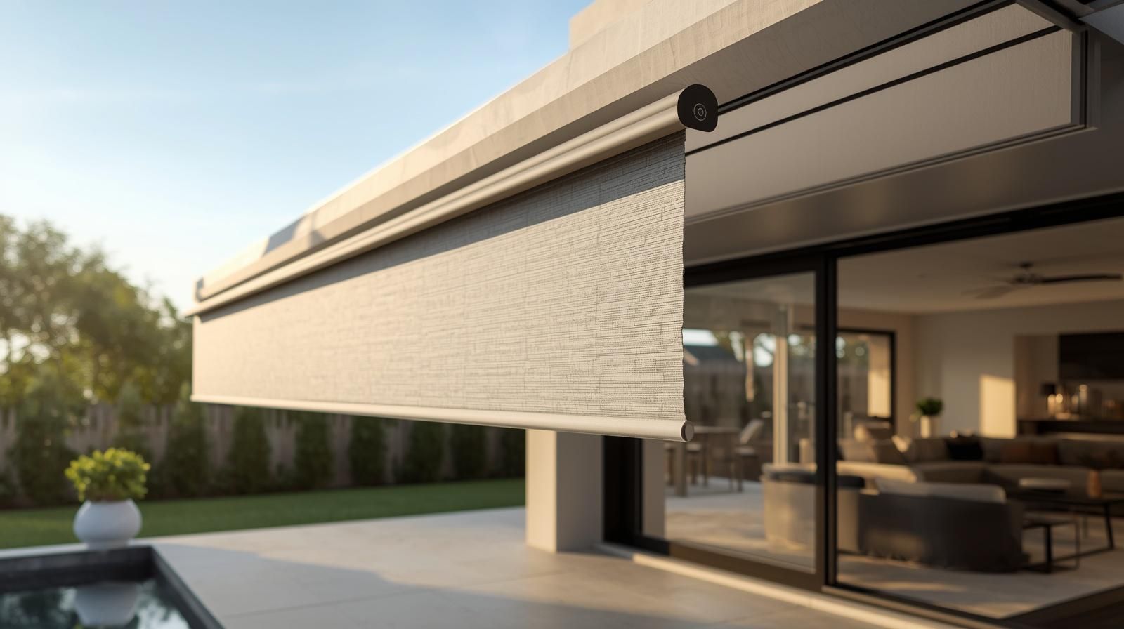 A modern house exterior with a partially lowered gray outdoor shade covering a sliding glass door beside a pool.