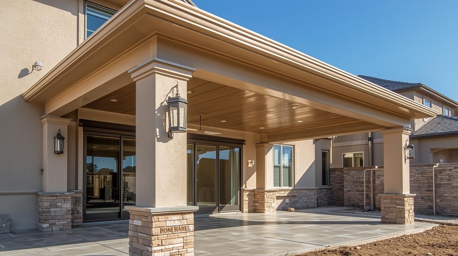 A tan stucco patio with a covered roof, stone-base columns, outdoor lanterns, and sliding glass doors leading to a home.