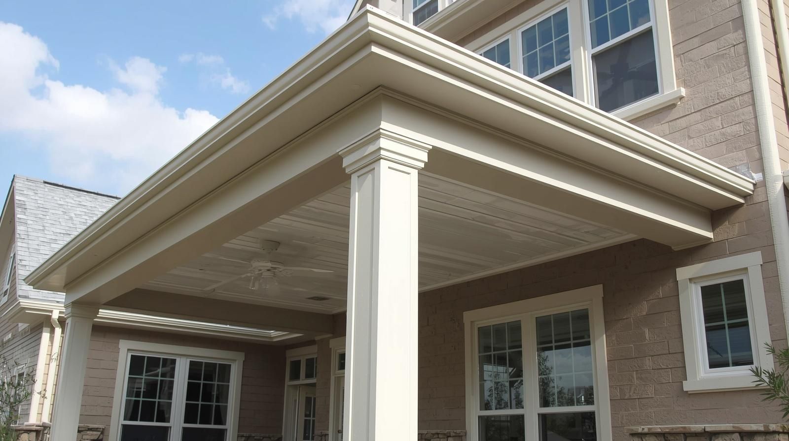 A tan brick house exterior featuring a prominent white porch column and decorative ceiling under a white-trimmed roof.