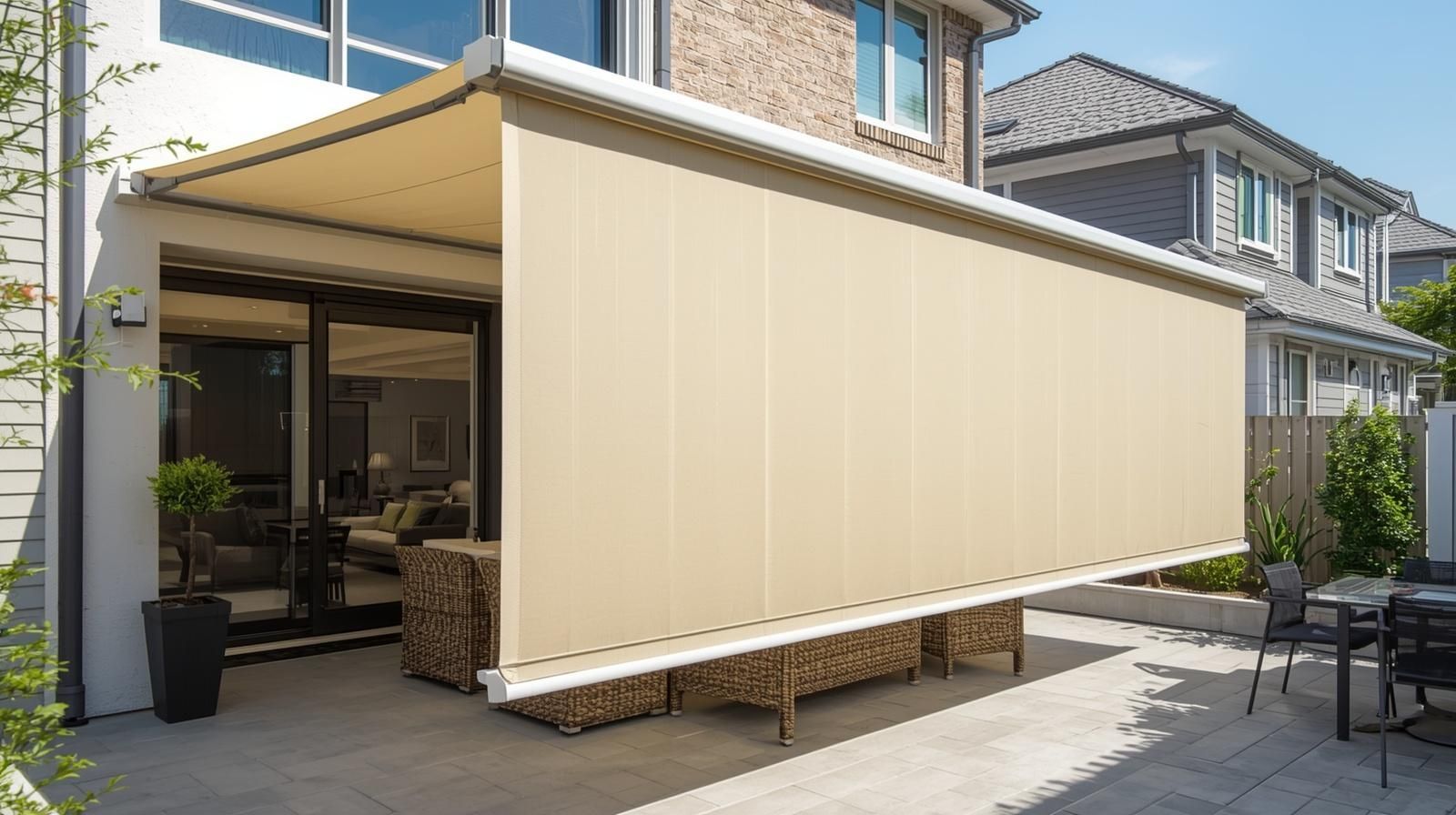 A tan retractable patio awning with a vertical privacy screen extended over a beige brick house patio.