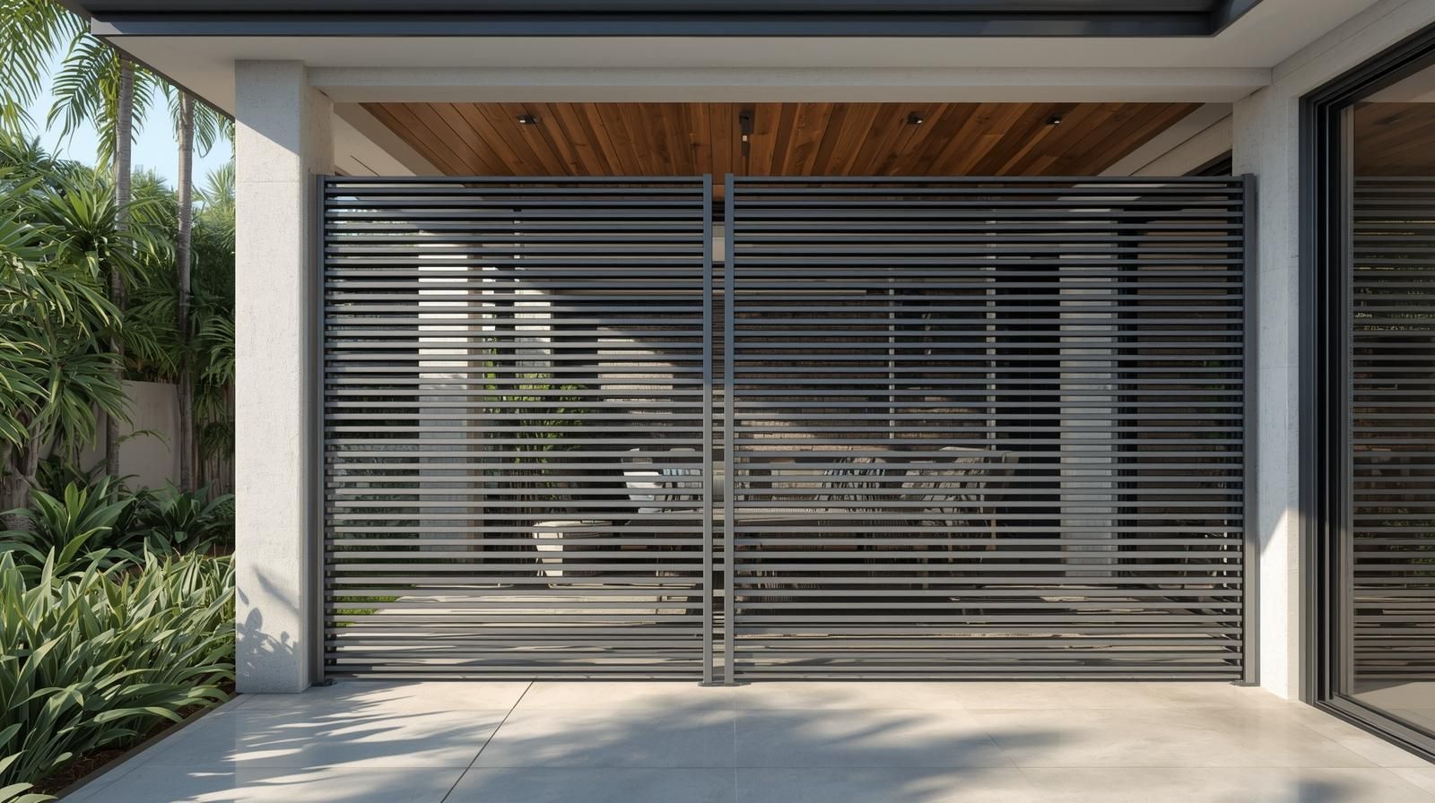 A dark gray, horizontal-slatted metal gate installed under a covered entrance with a wooden ceiling and concrete patio.