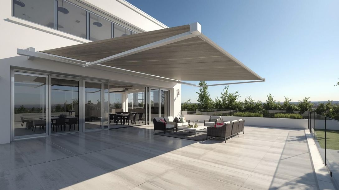 A beige retractable patio awning with a drop-down screen shade attached to the exterior wall of a brick house.