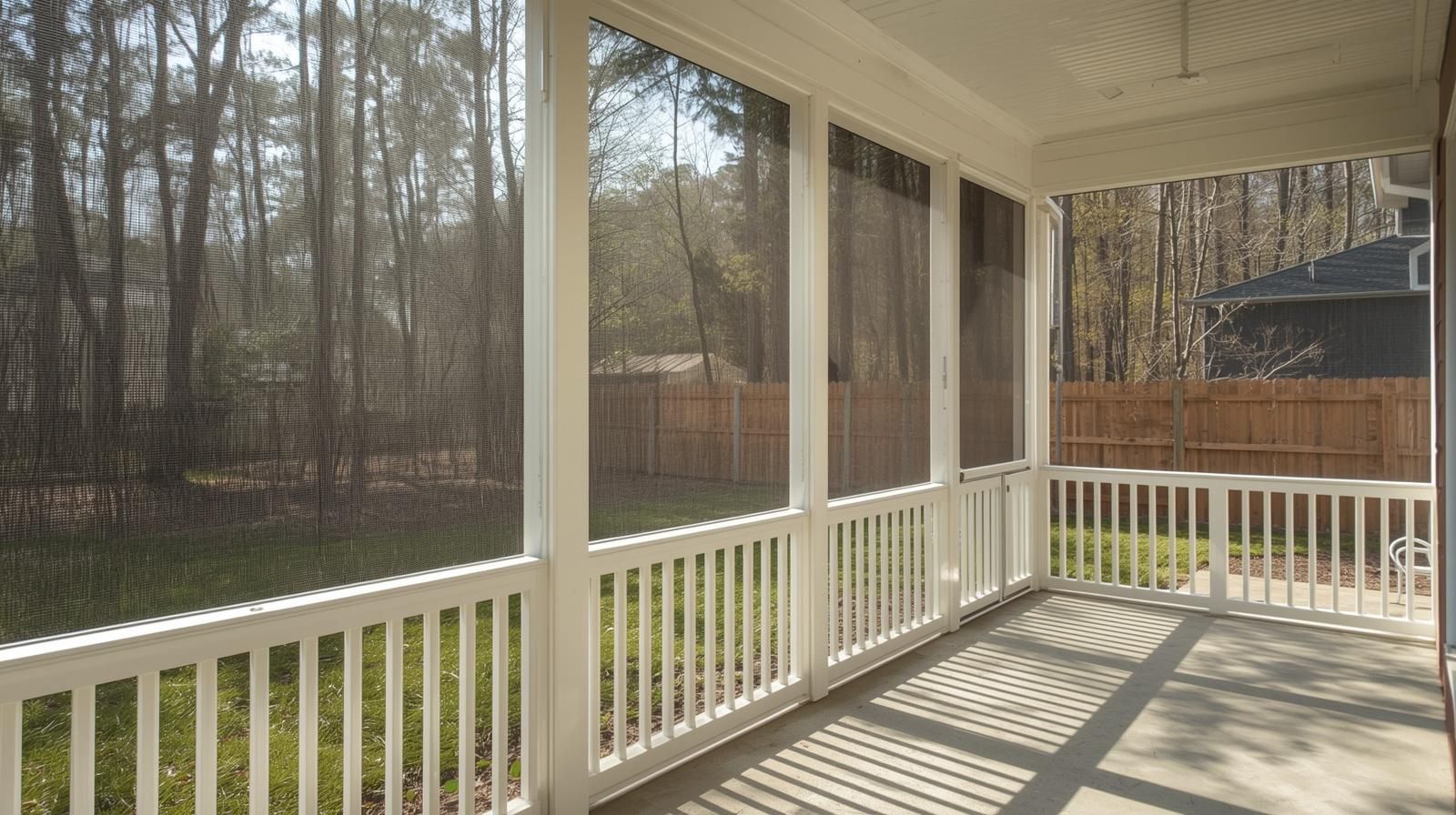 A screened-in porch with white railings, overlooking a wooded backyard with a wooden fence.