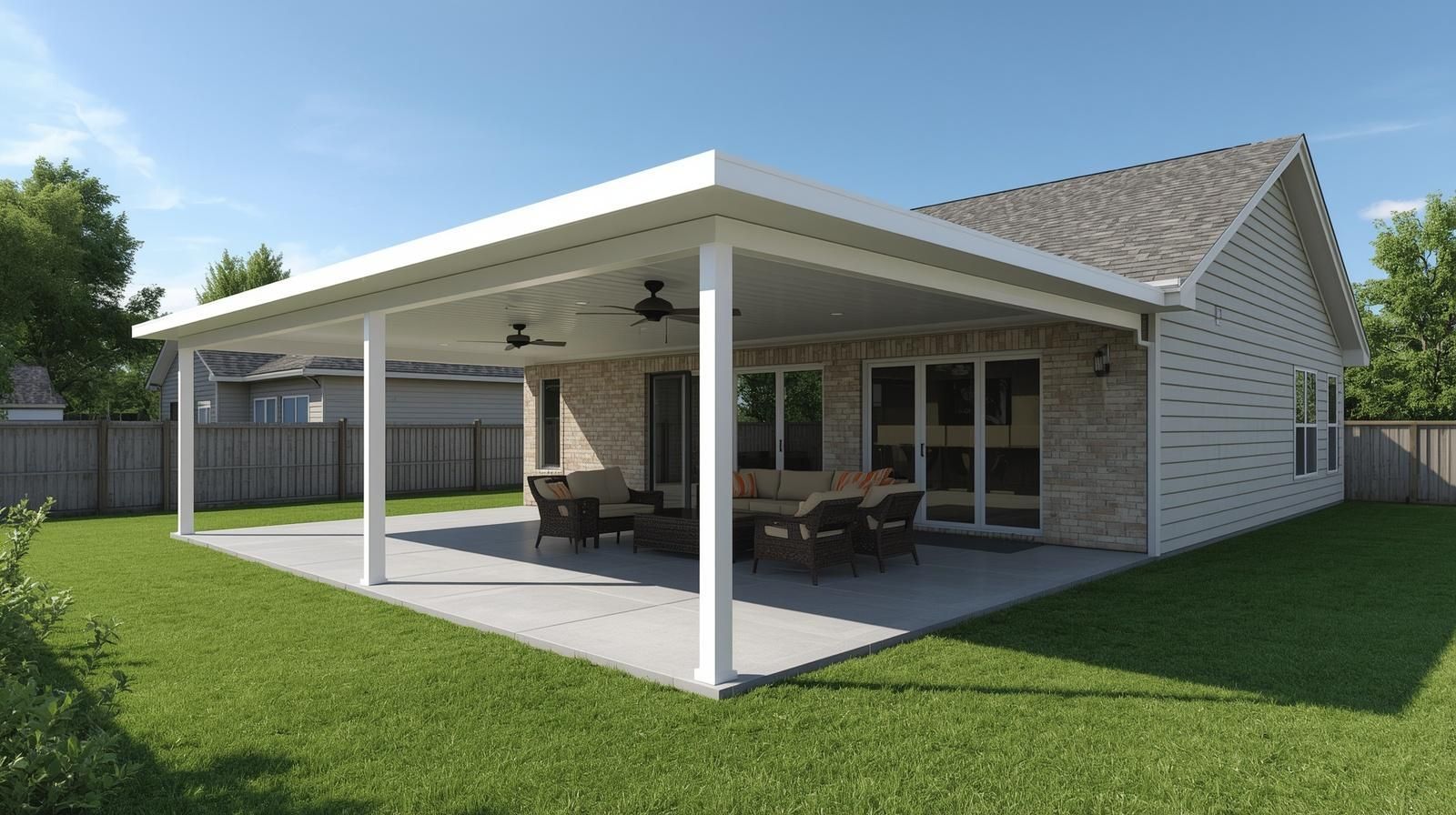 A patio with a white covered roof and outdoor furniture attached to a brick and siding house with a green lawn.