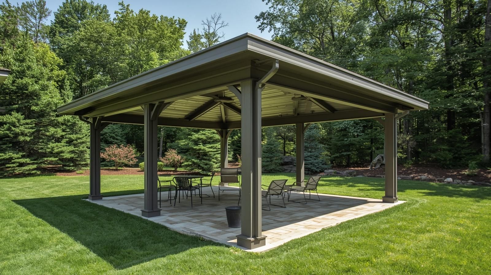 A dark-toned, square pavilion with a shingled roof over a stone patio with outdoor furniture in a grassy yard.